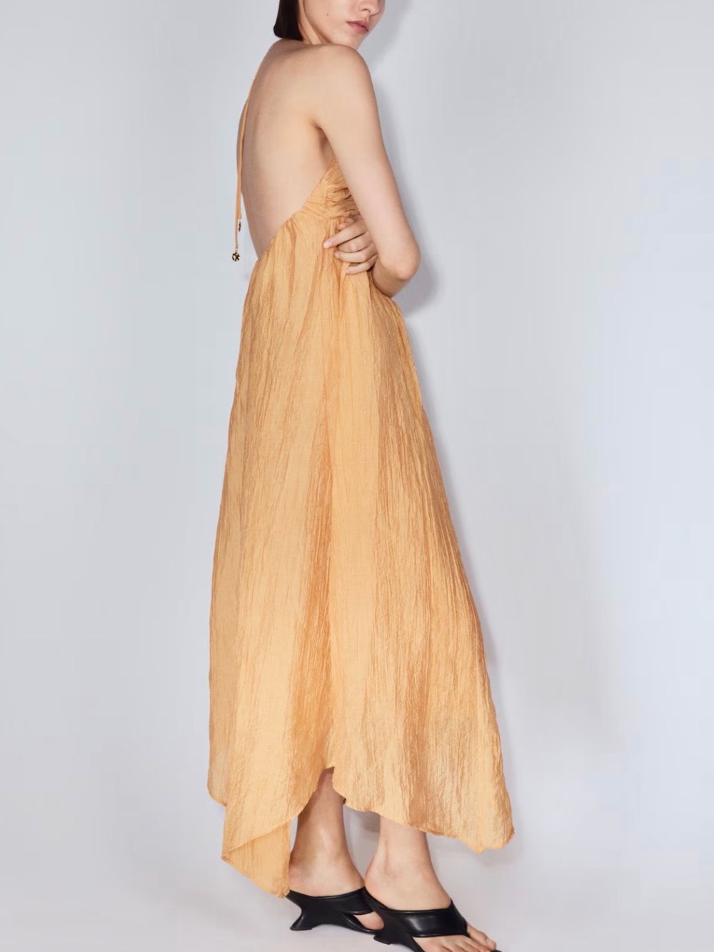H&M NWT dusty orange Halter asymmetrical hem ruched flowy Midi Dress - Picture 6 of 9